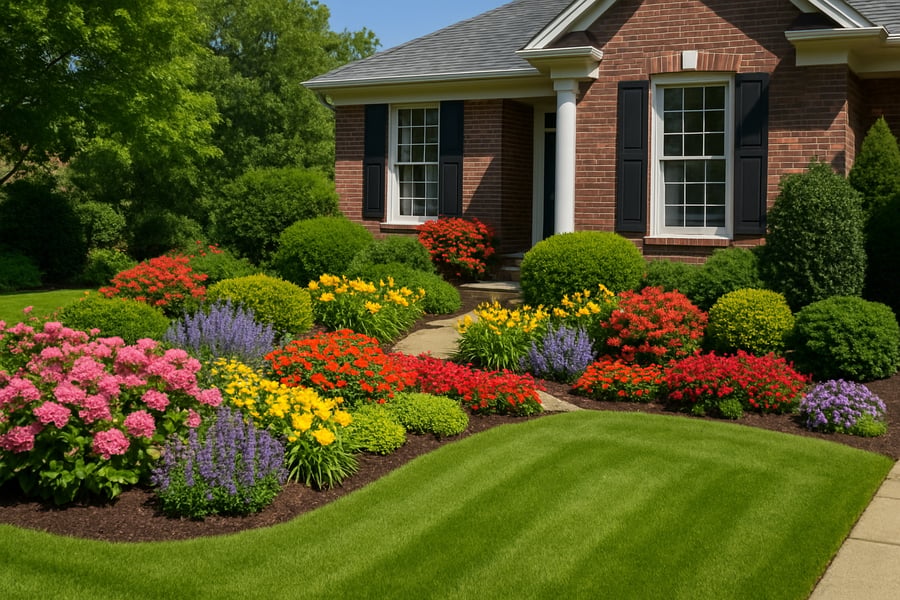 Well-maintained front yard with trimmed lawn and flower beds