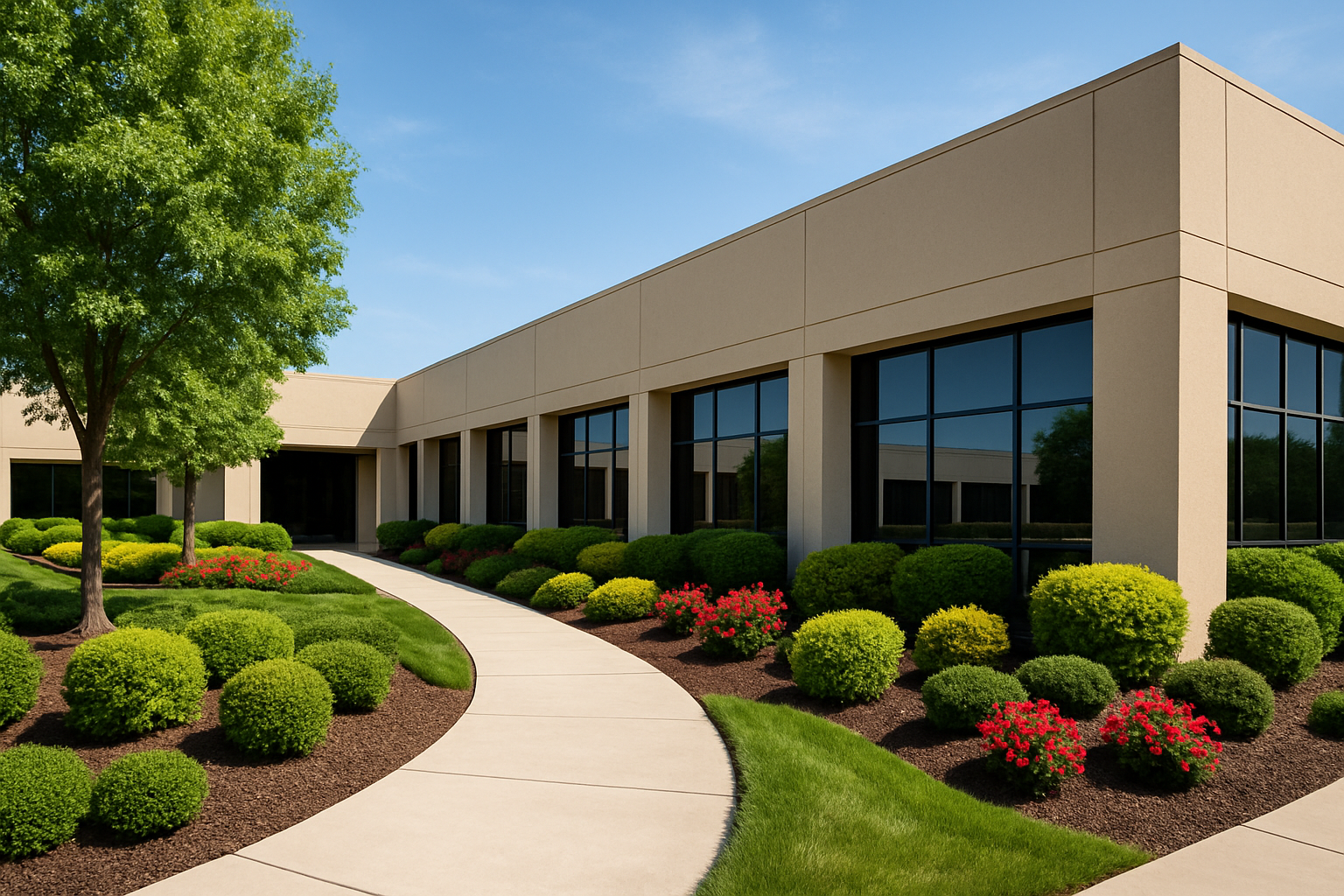 Commercial property with neat landscaping and tidy walkways